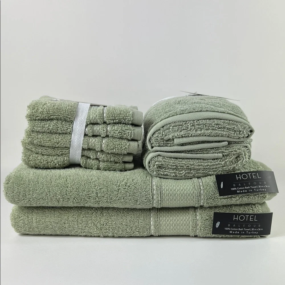 Hotel Balfour Bath Towel Set Sage Green White Stripe Soft Cotton Set of 9 NEW